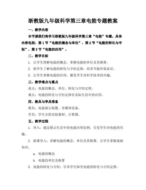 浙教版九年级科学第三章电能专题教案(1)
