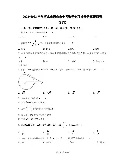 2022——2023学年河北省邢台市中考数学专项提升仿真模拟卷(3月4月)含答案