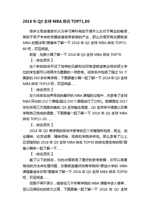 2018年QS全球MBA排名TOP71,80