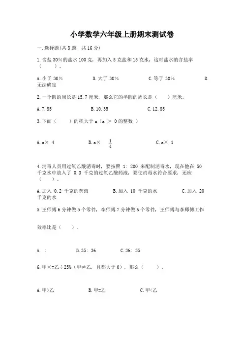 小学数学六年级上册期末测试卷附完整答案【各地真题】