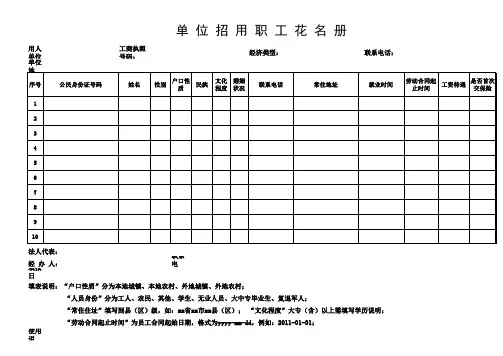 单位就业招工职工花名册