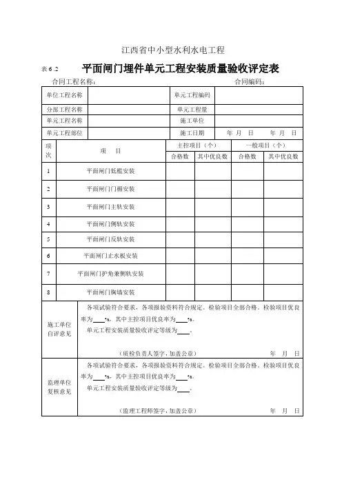 表6.2平面闸门埋件单元工程安装质量验收评定表