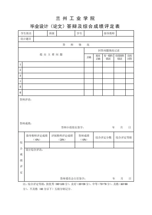 毕业设计(论文)答辩及综合成绩评定表