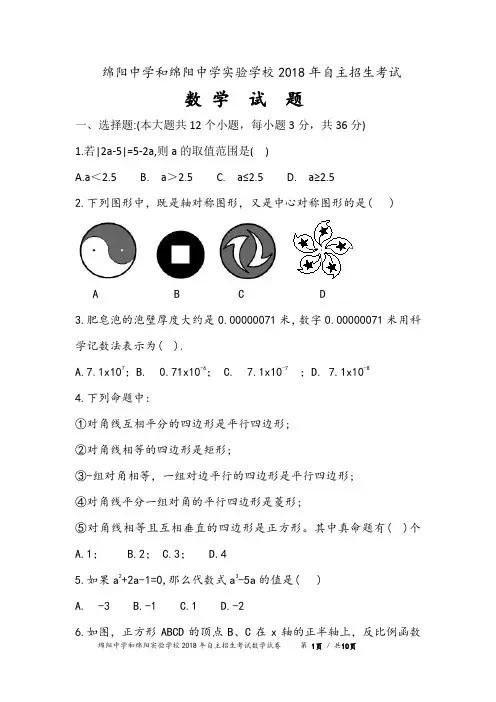 绵阳中学和绵阳中学实验学校2018年自主招生考试数 学  试  题