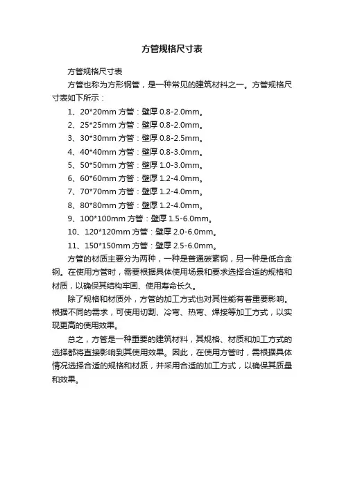 方管规格尺寸表