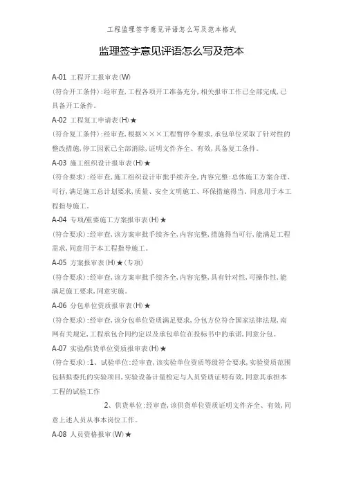 工程监理签字意见评语怎么写及范本格式