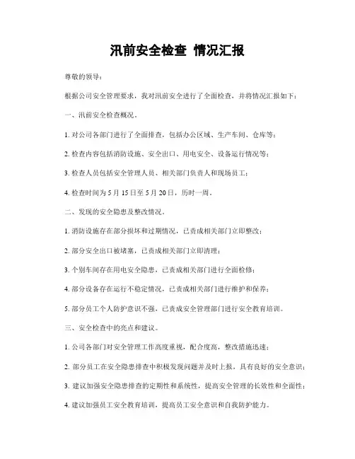 汛前安全检查 情况汇报