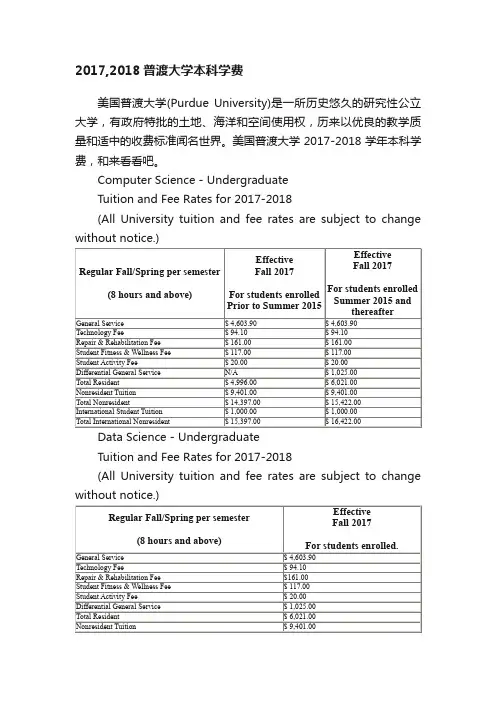 2017,2018普渡大学本科学费