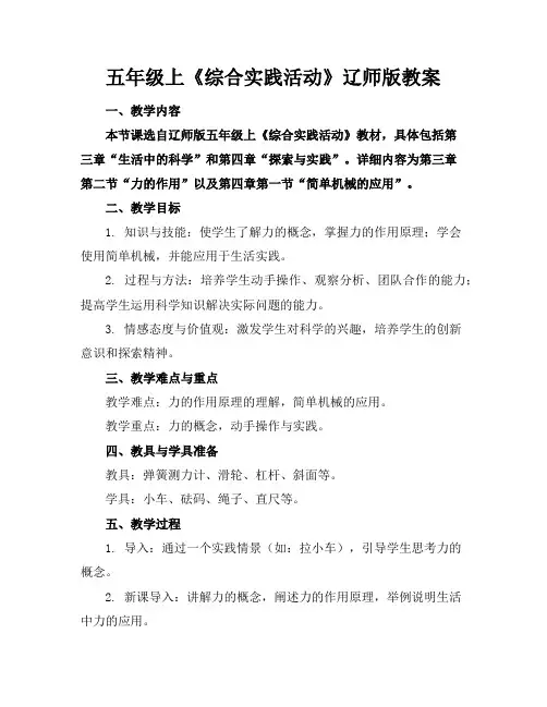 五年级上《综合实践活动》辽师版教案