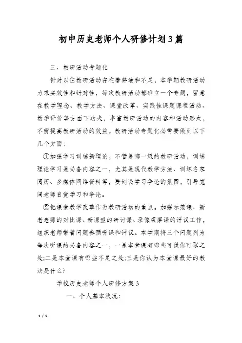 初中历史老师个人研修计划3篇