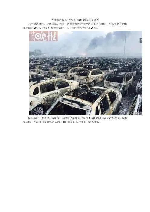 天津塘沽爆炸 致使约8000辆车灰飞烟灭