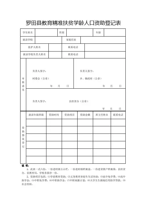 罗田县教育精准扶贫学龄人口资助登记表