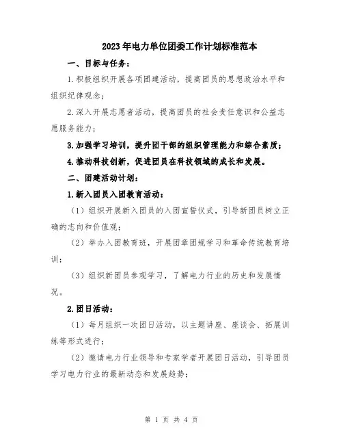 2023年电力单位团委工作计划标准范本