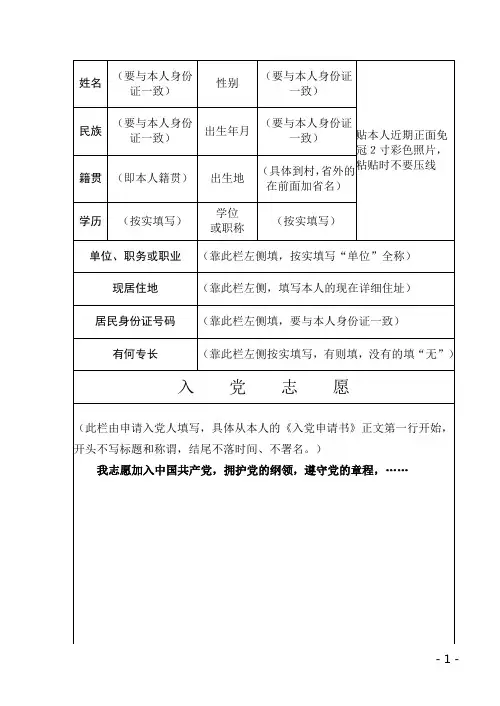 入党志愿书模板(发给支部)