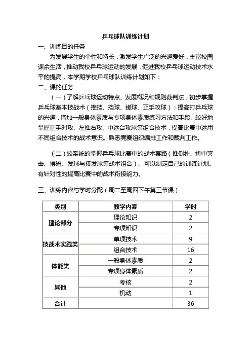 乒乓球课程教学计划