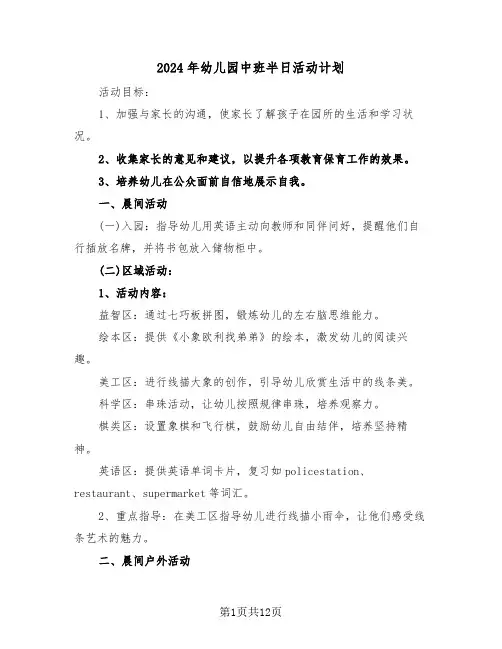 2024年幼儿园中班半日活动计划（6篇）