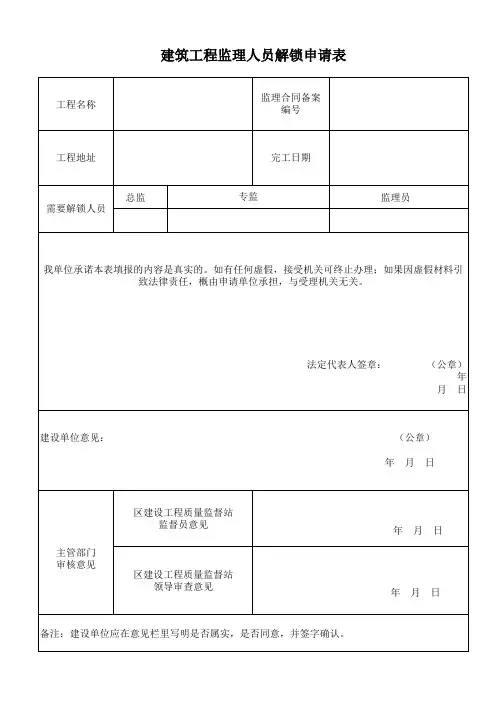 建筑工程监理人员解锁申请表