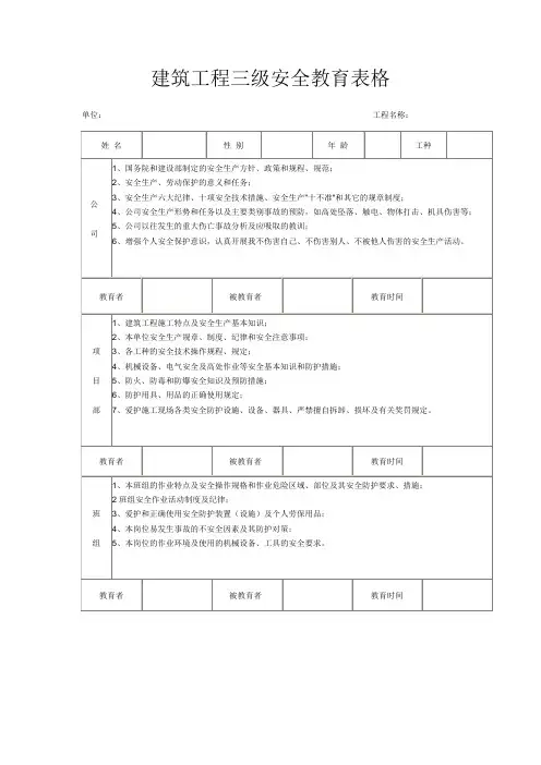 工程三级安全教育表格