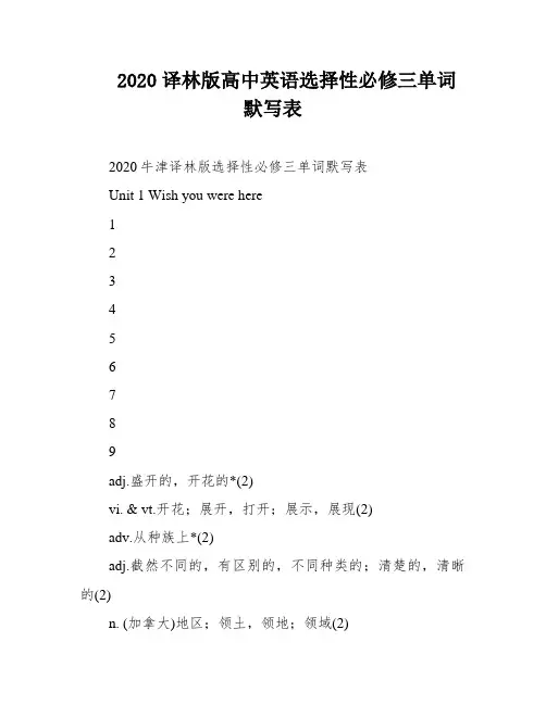 2020译林版高中英语选择性必修三单词默写表