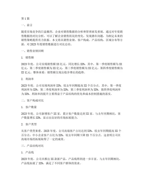 年度销售数据对比总结(3篇)