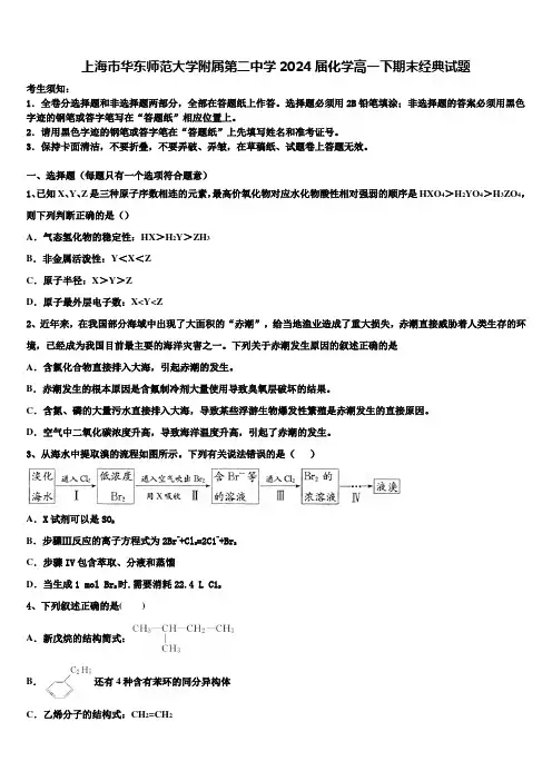 上海市华东师范大学附属第二中学2024届化学高一下期末经典试题含解析