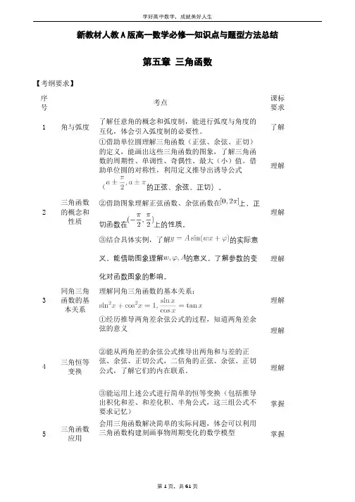 新教材人教A版高一数学必修一知识点与题型方法总结 第五章三角函数