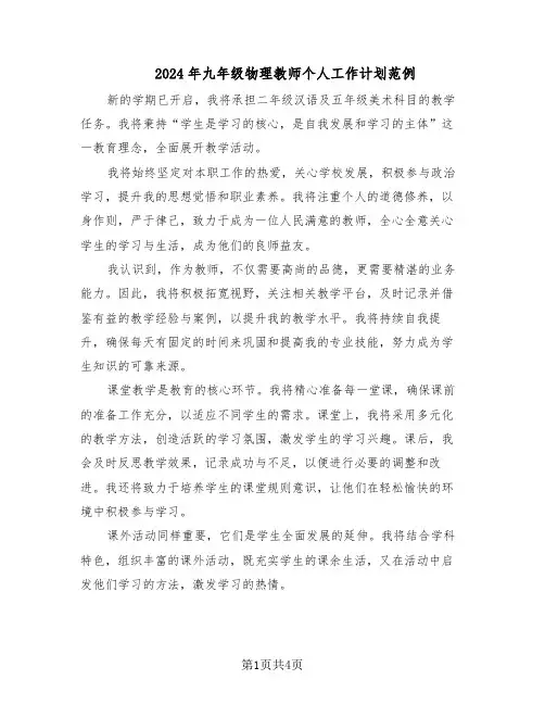 2024年九年级物理教师个人工作计划范例（三篇）