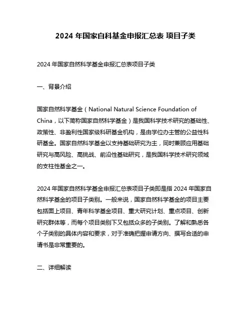 2024年国家自科基金申报汇总表 项目子类