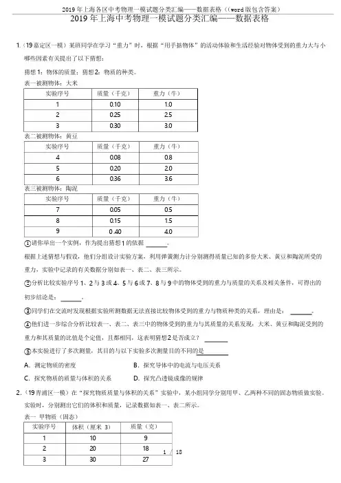2019年上海各区中考物理一模试题分类汇编——数据表格((word版包含答案)