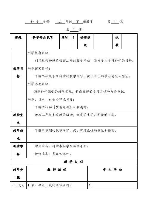 教科版科学年级下册始业教育课  教案