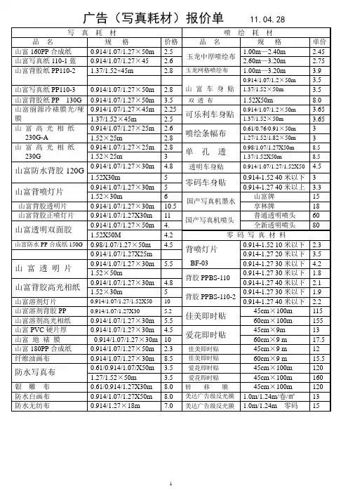 广告报价 写真耗材 价格表