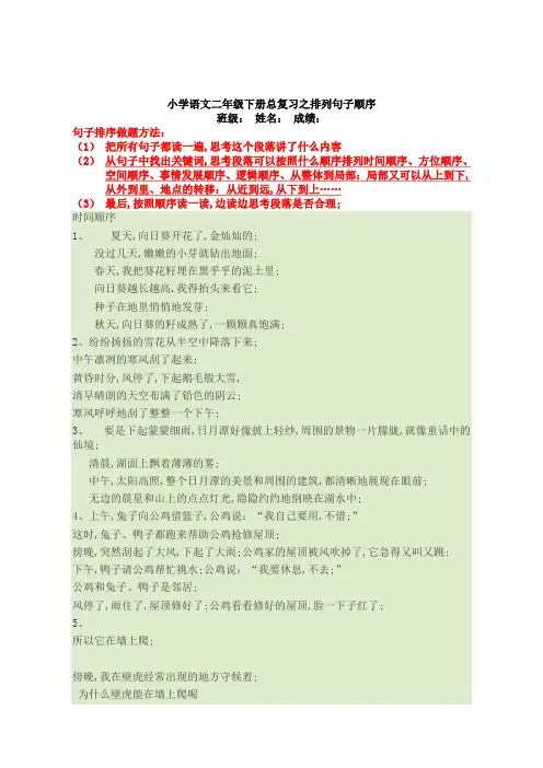 小学语文二年级下册总复习之排列句子顺序