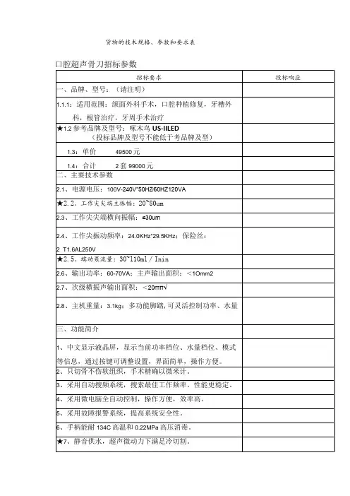 货物的技术规格、参数和要求表