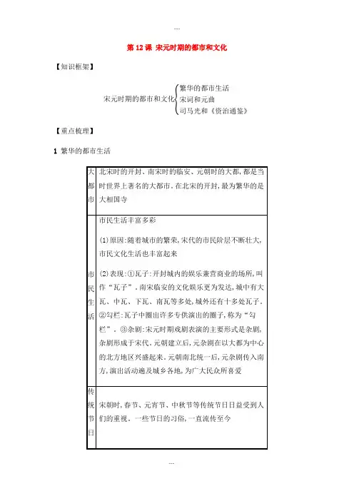 精编人教版七年级历史第二学期第二单元辽宋夏金元时期民族关系发展和社会变化第12课备考速记