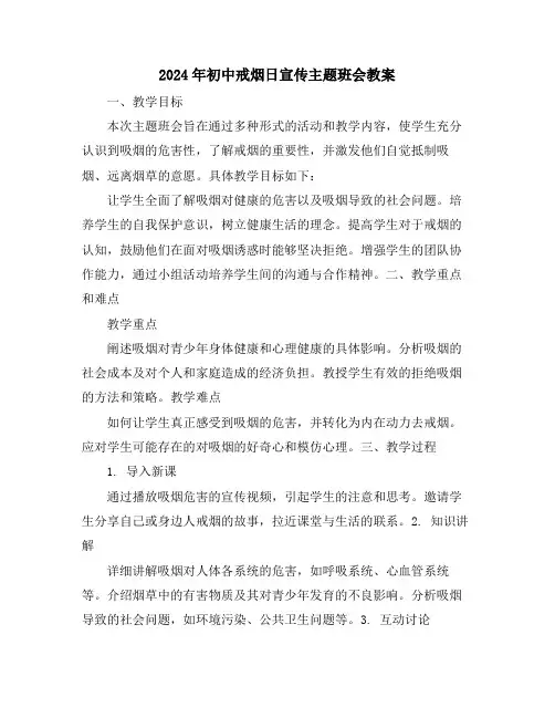 2024年初中戒烟日宣传主题班会教案