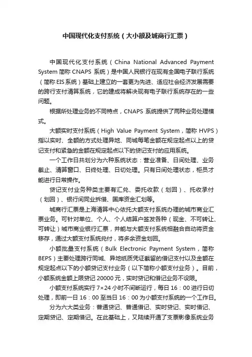 中国现代化支付系统（大小额及城商行汇票）