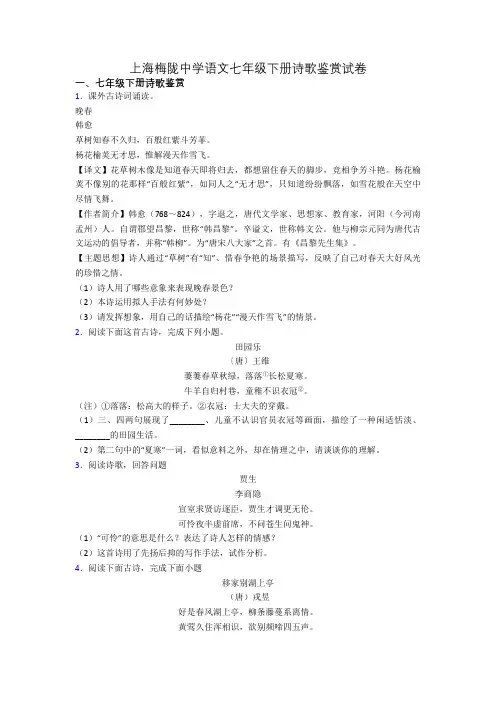 上海梅陇中学语文七年级下册诗歌鉴赏试卷