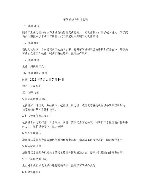 车间机修培训计划表