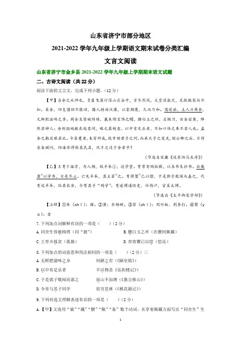 山东省济宁市部分地区2021-2022学年九年级上学期语文期末试卷分类汇编：文言文阅读