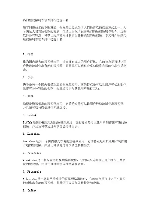 热门短视频制作软件排行榜前十名