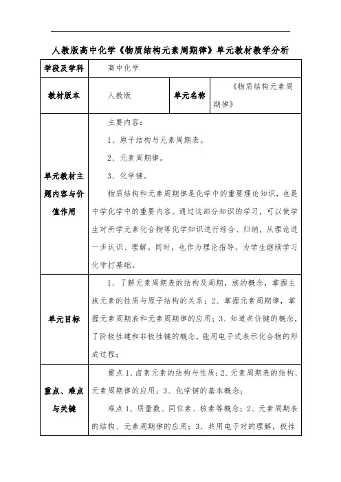人教版高中化学《物质结构元素周期律》单元教材教学分析