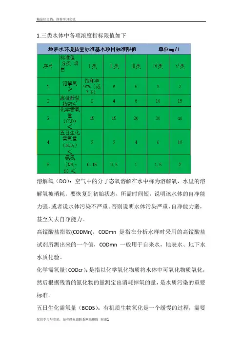 最新三类水体中各项浓度指标限值