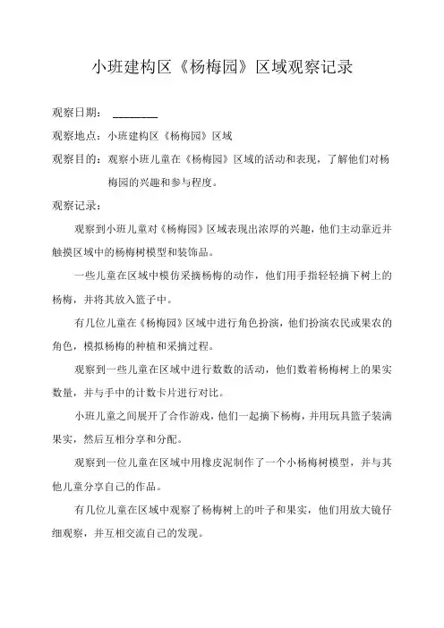 小班建构区《杨梅园》区域观察记录