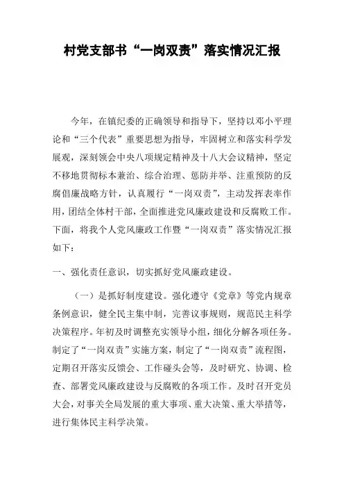 村党支部书“一岗双责”落实情况汇报