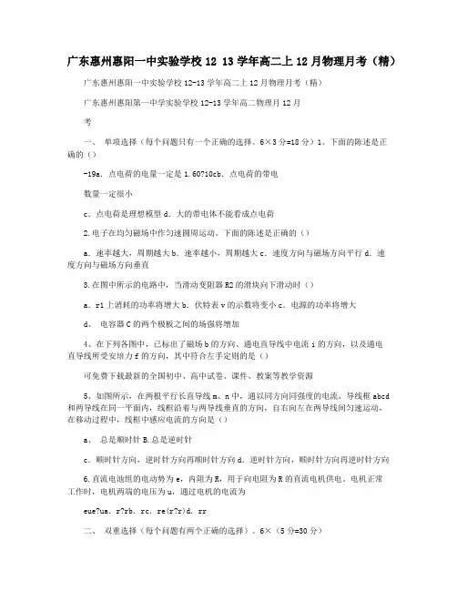 广东惠州惠阳一中实验学校12 13学年高二上12月物理月考(精)