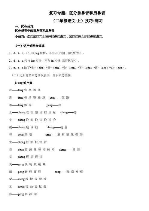 区分前鼻音和后鼻音 复习专题(二年级语文 )技巧与练习