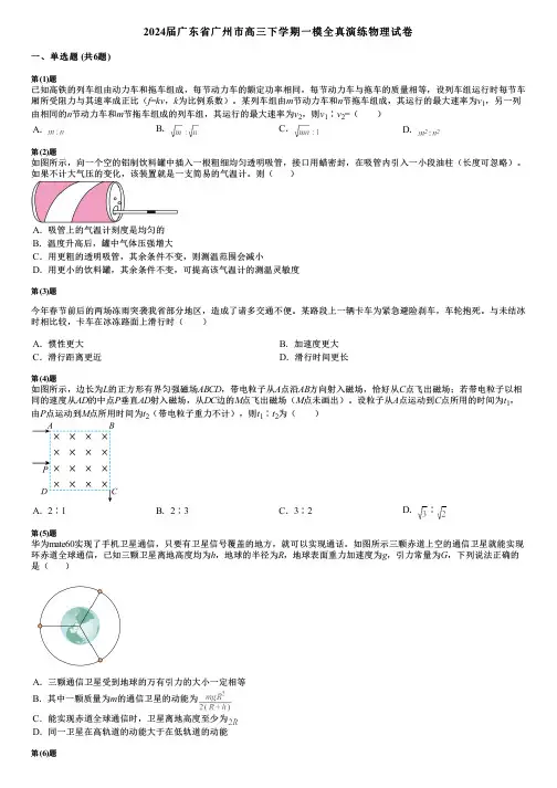 2024届广东省广州市高三下学期一模全真演练物理试卷