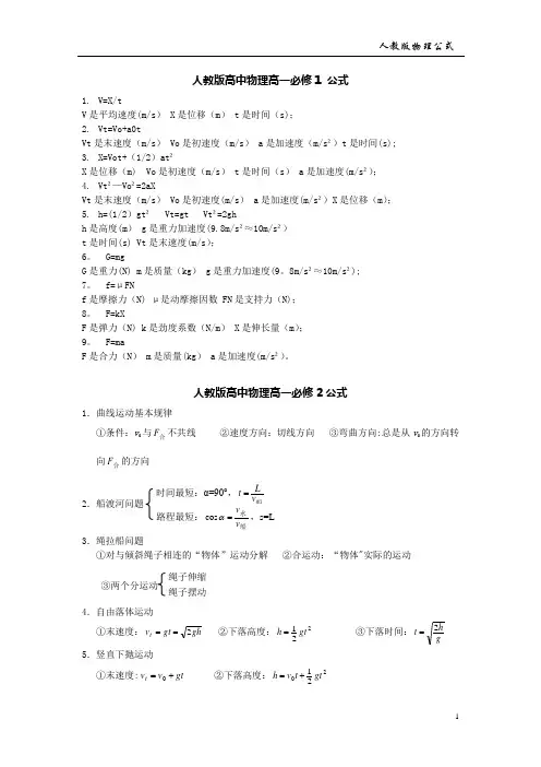 人教版高中物理必修一、必修二公式