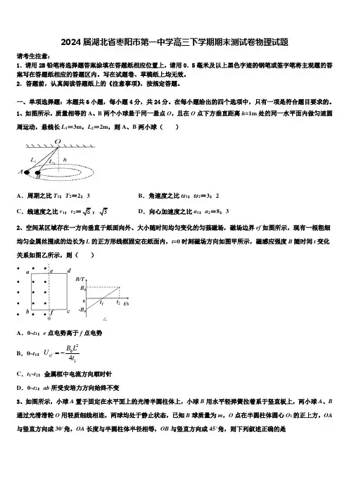 2024届湖北省枣阳市第一中学高三下学期期末测试卷物理试题