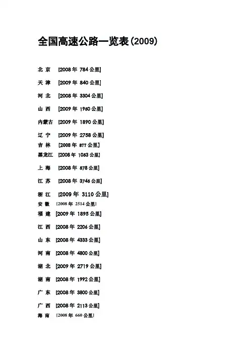 全国高速公路一览表(2009)